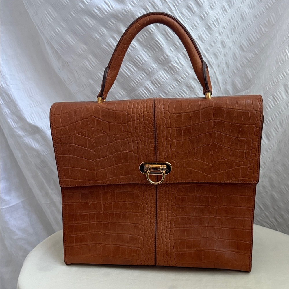 Pure Collection Croc-Embossed Cognac Leather Top-Handle Bag